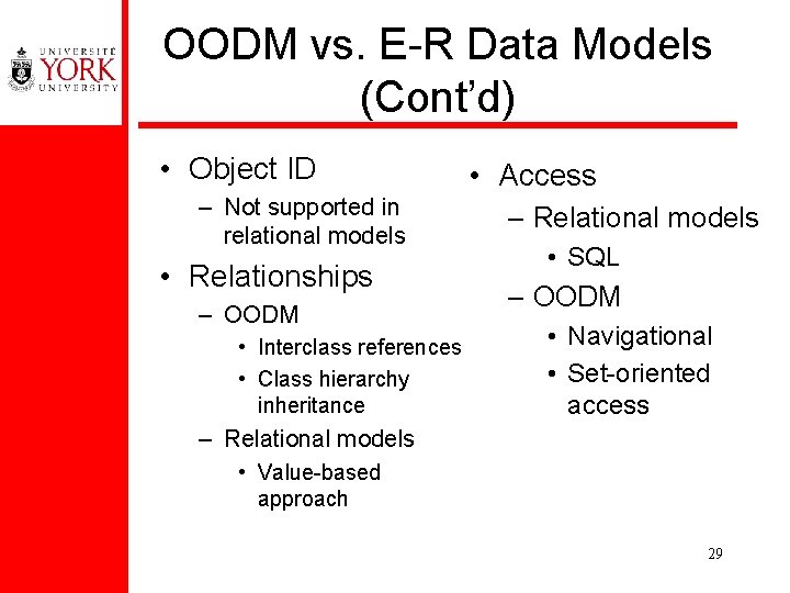 OODM vs. E-R Data Models (Cont’d) • Object ID – Not supported in relational