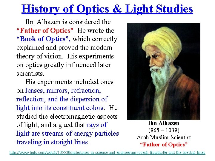 History of Optics & Light Studies Ibn Alhazen is considered the “Father of Optics”