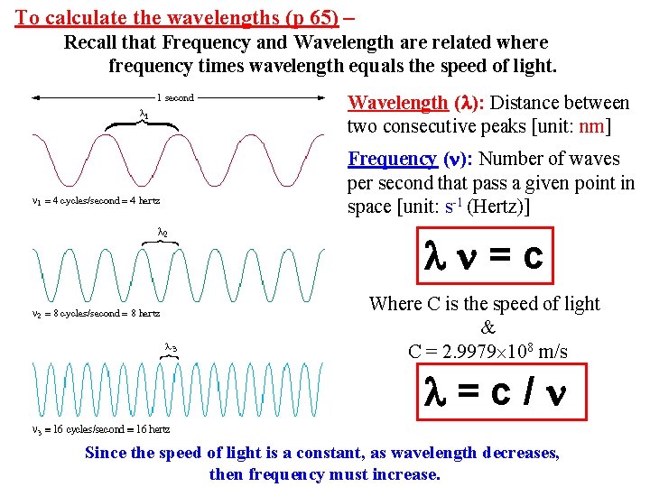 To calculate the wavelengths (p 65) – Recall that Frequency and Wavelength are related