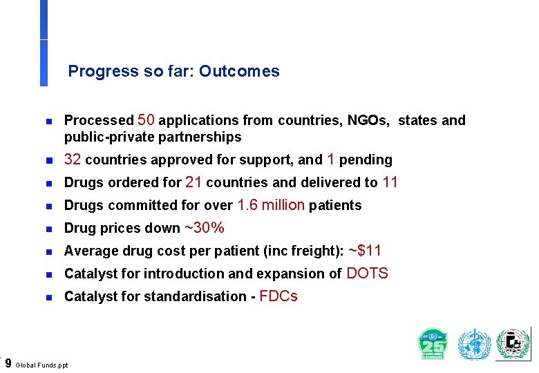 Progress so far: Outcomes n Processed 50 applications from countries, NGOs, states and public-private