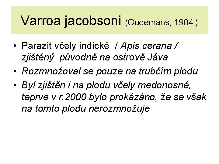 Varroa jacobsoni (Oudemans, 1904 ) • Parazit včely indické / Apis cerana / zjištěný