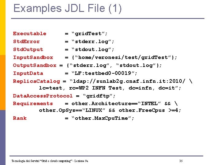 Examples JDL File (1) Executable = “grid. Test”; Std. Error = “stderr. log”; Std.