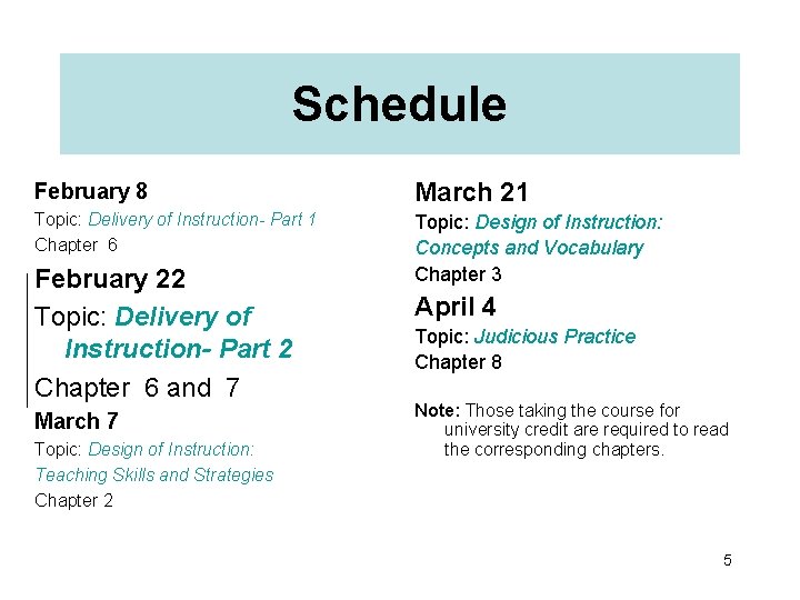 Schedule February 8 March 21 Topic: Delivery of Instruction- Part 1 Chapter 6 Topic: