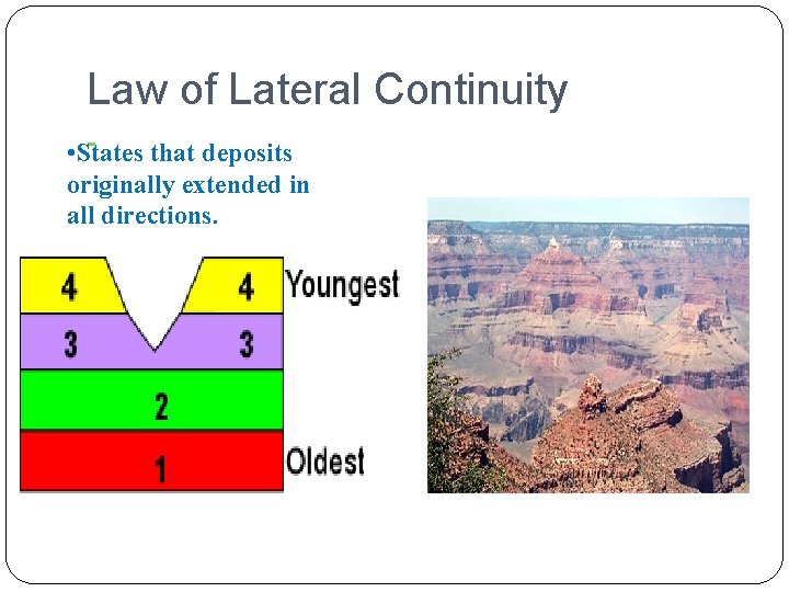 Law of Lateral Continuity • States that deposits originally extended in all directions. 