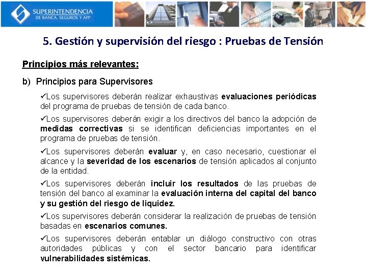 5. Gestión y supervisión del riesgo : Pruebas de Tensión Principios más relevantes: b)