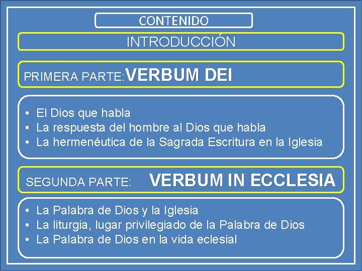 CONTENIDO INTRODUCCIÓN PRIMERA PARTE: VERBUM DEI • El Dios que habla • La respuesta