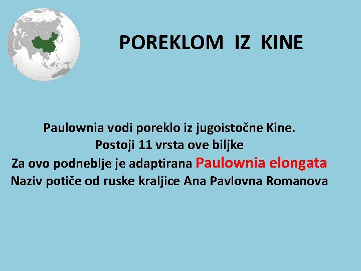 POREKLOM IZ KINE Paulownia vodi poreklo iz jugoistočne Kine. Postoji 11 vrsta ove biljke