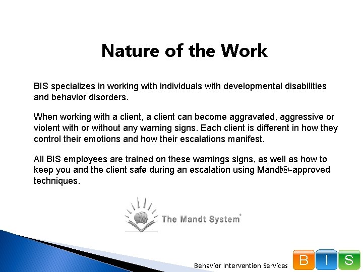 Nature of the Work BIS specializes in working with individuals with developmental disabilities and