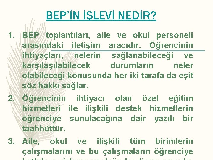 BEP’İN İŞLEVİ NEDİR? 1. BEP toplantıları, aile ve okul personeli arasındaki iletişim aracıdır. Öğrencinin