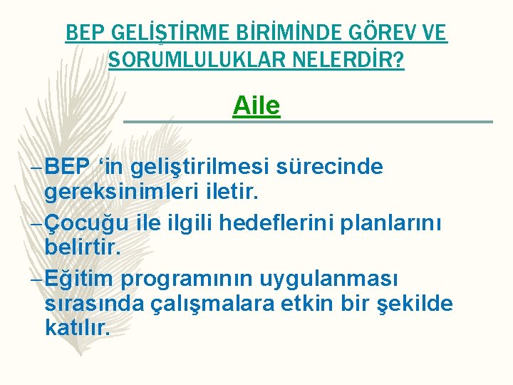 BEP GELİŞTİRME BİRİMİNDE GÖREV VE SORUMLULUKLAR NELERDİR? Aile – BEP ‘in geliştirilmesi sürecinde gereksinimleri