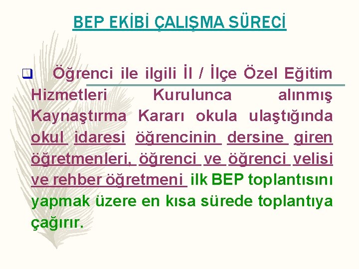 BEP EKİBİ ÇALIŞMA SÜRECİ Öğrenci ile ilgili İl / İlçe Özel Eğitim Hizmetleri Kurulunca