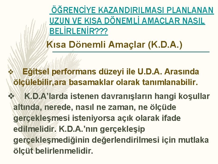 ÖĞRENCİYE KAZANDIRILMASI PLANLANAN UZUN VE KISA DÖNEMLİ AMAÇLAR NASIL BELİRLENİR? ? ? Kısa Dönemli