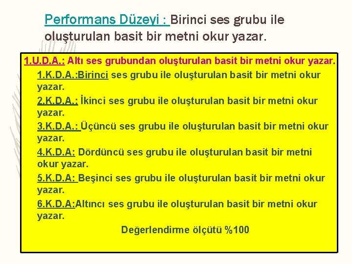 Performans Düzeyi : Birinci ses grubu ile oluşturulan basit bir metni okur yazar. 1.