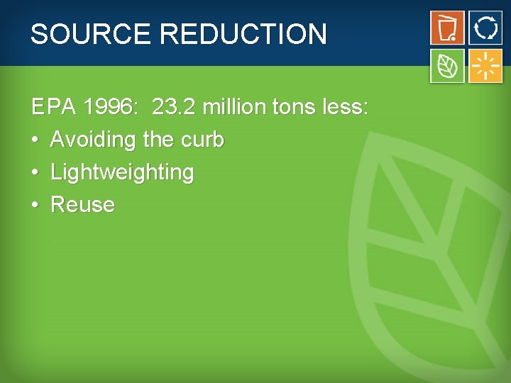 SOURCE REDUCTION EPA 1996: 23. 2 million tons less: • Avoiding the curb •