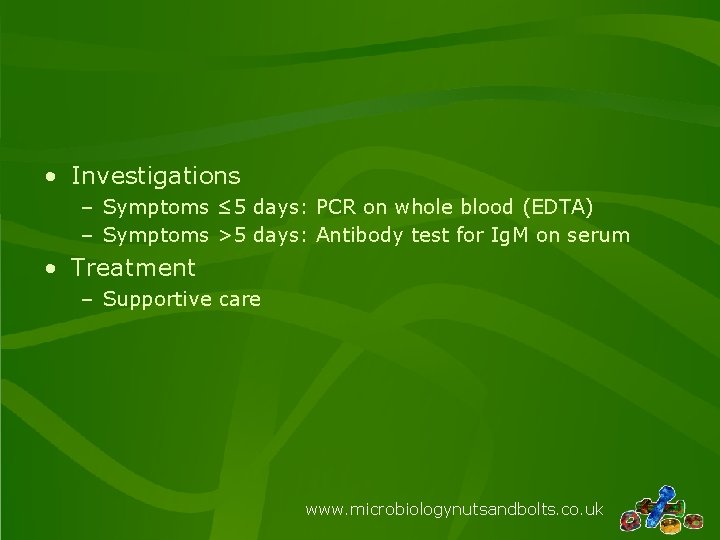  • Investigations – Symptoms ≤ 5 days: PCR on whole blood (EDTA) –