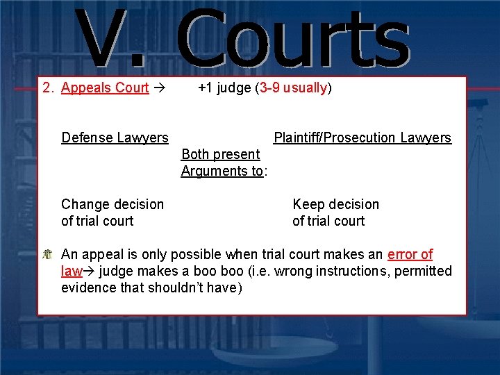 2. Appeals Court +1 judge (3 -9 usually) Defense Lawyers Plaintiff/Prosecution Lawyers Both present