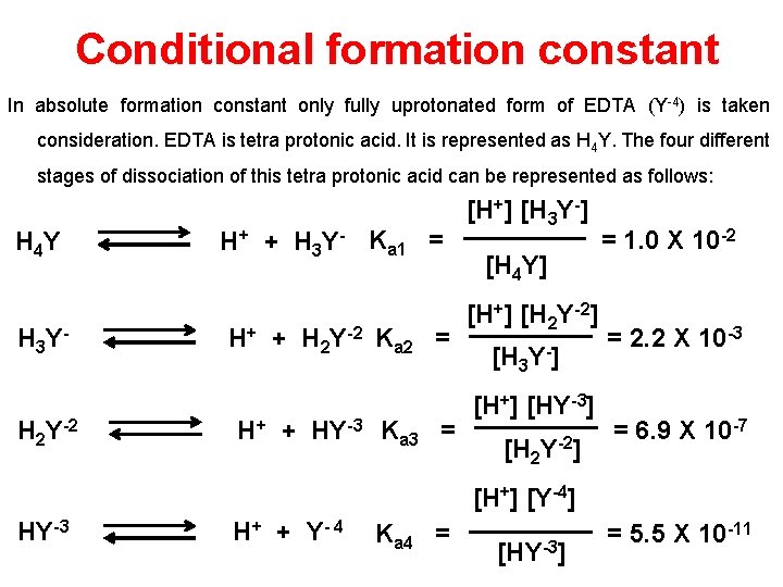 Conditional formation constant In absolute formation constant only fully uprotonated form of EDTA (Y-4)