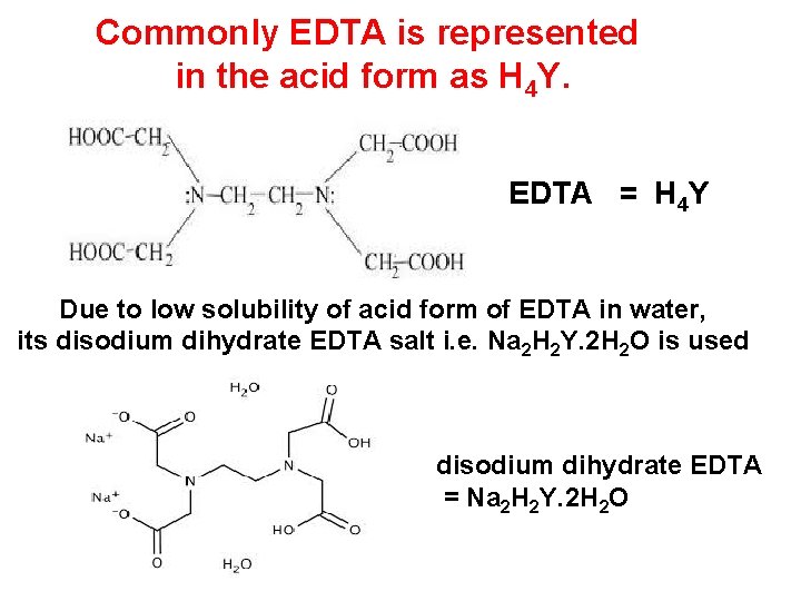 Commonly EDTA is represented in the acid form as H 4 Y. EDTA =
