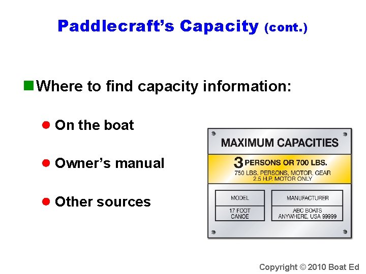 Paddlecraft’s Capacity (cont. ) n Where to find capacity information: ● On the boat