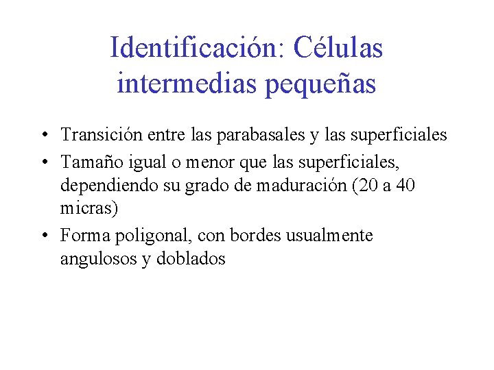 Identificación: Células intermedias pequeñas • Transición entre las parabasales y las superficiales • Tamaño