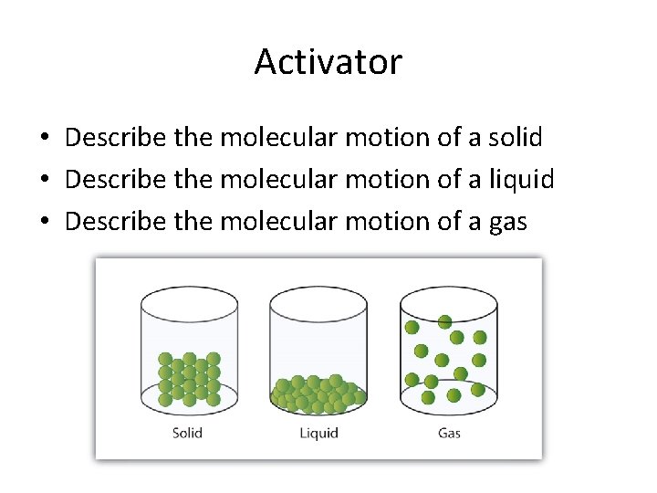 Activator • Describe the molecular motion of a solid • Describe the molecular motion