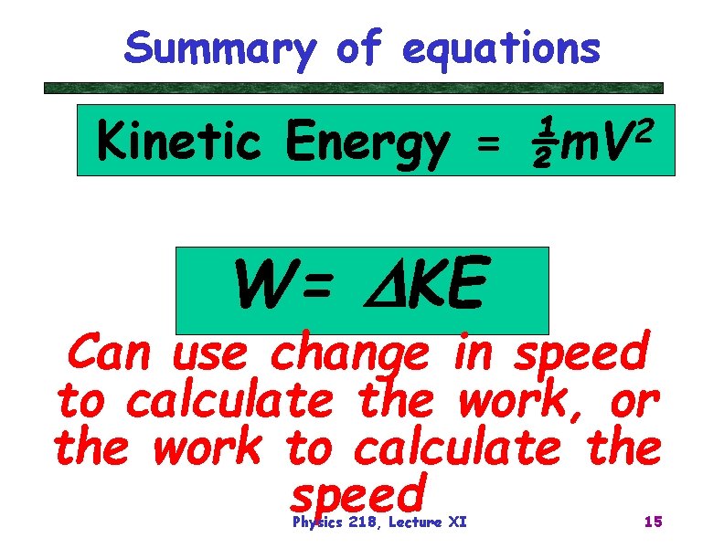 Summary of equations Kinetic Energy = 2 ½m. V W= DKE Can use change