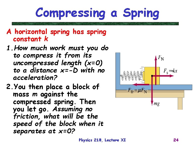 Compressing a Spring A horizontal spring has spring constant k 1. How much work