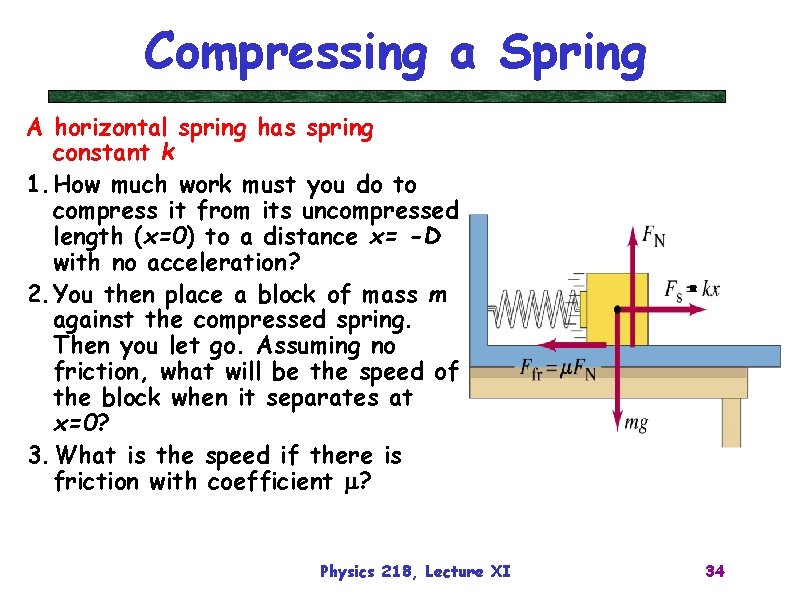 Compressing a Spring A horizontal spring has spring constant k 1. How much work