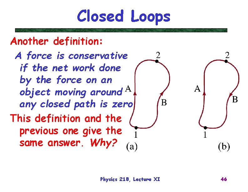 Closed Loops Another definition: A force is conservative if the net work done by