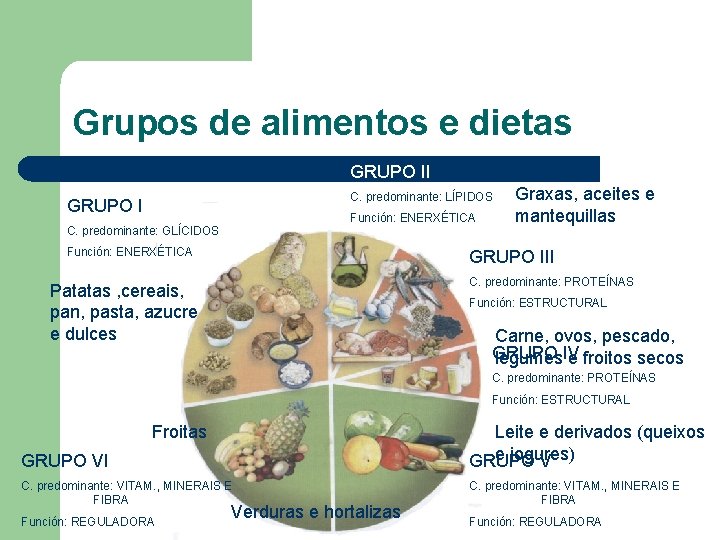 Grupos de alimentos e dietas GRUPO II C. predominante: LÍPIDOS GRUPO I Función: ENERXÉTICA