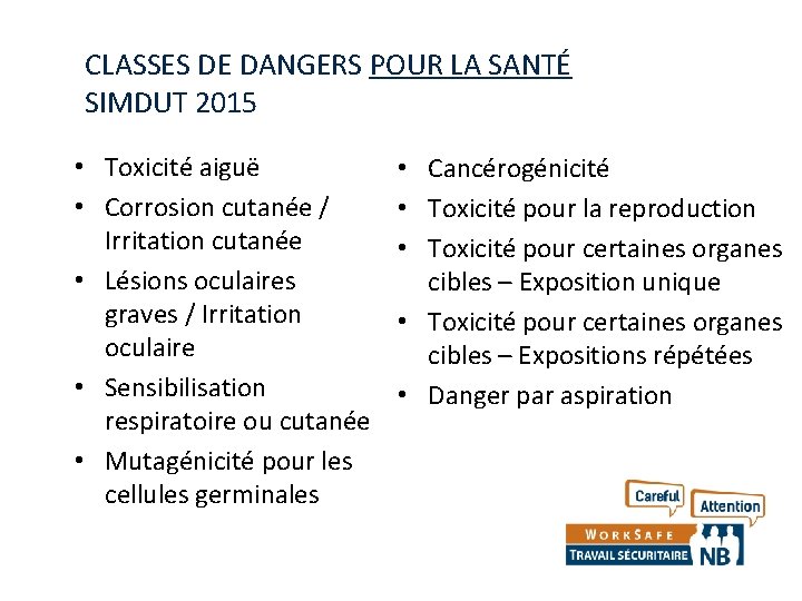 CLASSES DE DANGERS POUR LA SANTÉ SIMDUT 2015 • Toxicité aiguë • Corrosion cutanée