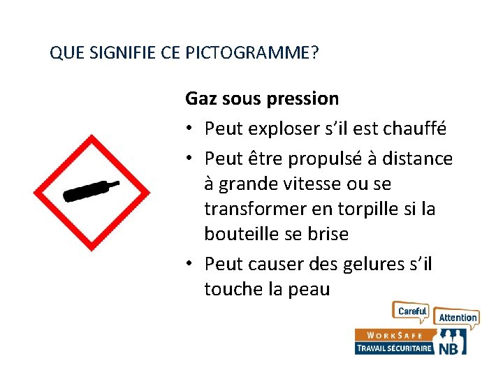 QUE SIGNIFIE CE PICTOGRAMME? Gaz sous pression • Peut exploser s’il est chauffé •