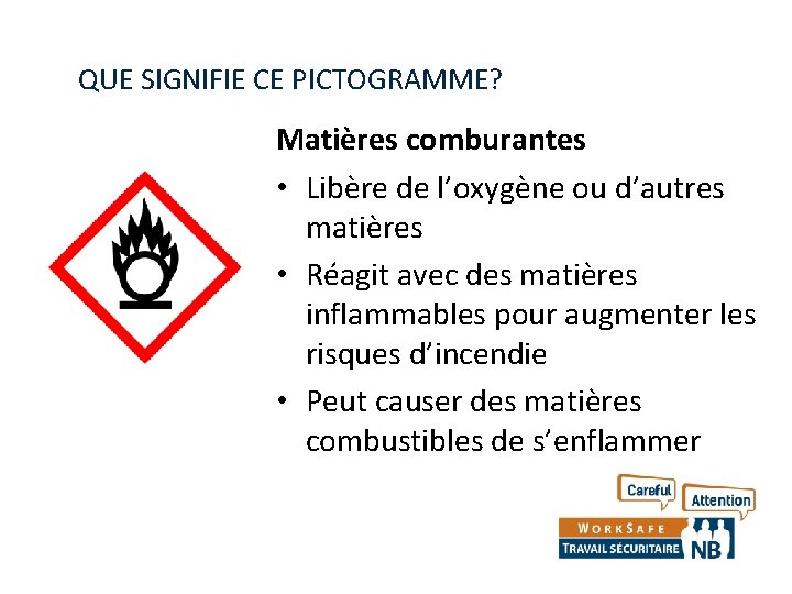 QUE SIGNIFIE CE PICTOGRAMME? Matières comburantes • Libère de l’oxygène ou d’autres matières •