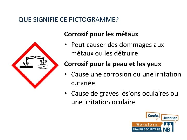 QUE SIGNIFIE CE PICTOGRAMME? Corrosif pour les métaux • Peut causer des dommages aux