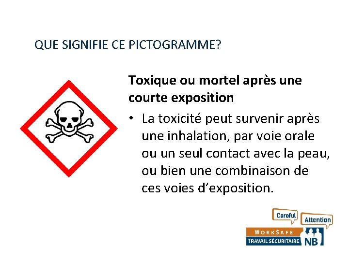 QUE SIGNIFIE CE PICTOGRAMME? Toxique ou mortel après une courte exposition • La toxicité