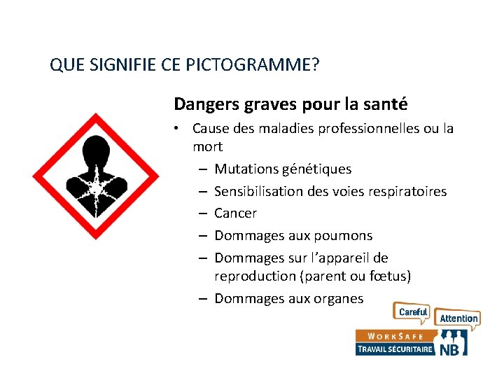 QUE SIGNIFIE CE PICTOGRAMME? Dangers graves pour la santé • Cause des maladies professionnelles