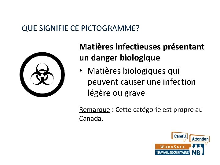 QUE SIGNIFIE CE PICTOGRAMME? Matières infectieuses présentant un danger biologique • Matières biologiques qui
