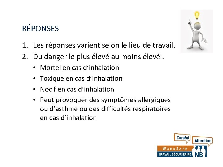 RÉPONSES 1. Les réponses varient selon le lieu de travail. 2. Du danger le