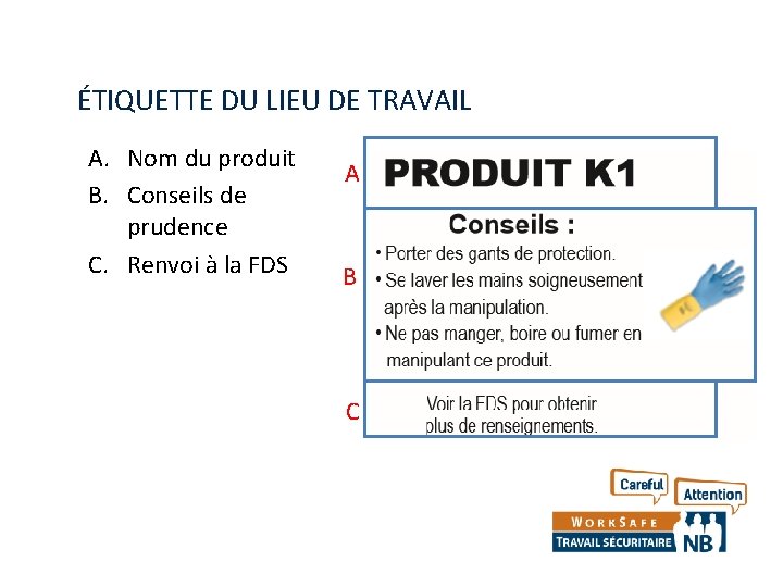 ÉTIQUETTE DU LIEU DE TRAVAIL A. Nom du produit B. Conseils de prudence C.