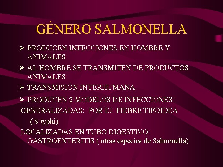 GÉNERO SALMONELLA Ø PRODUCEN INFECCIONES EN HOMBRE Y ANIMALES Ø AL HOMBRE SE TRANSMITEN