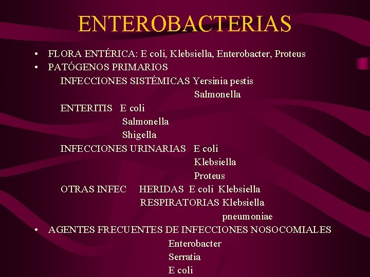 ENTEROBACTERIAS • FLORA ENTÉRICA: E coli, Klebsiella, Enterobacter, Proteus • PATÓGENOS PRIMARIOS INFECCIONES SISTÉMICAS