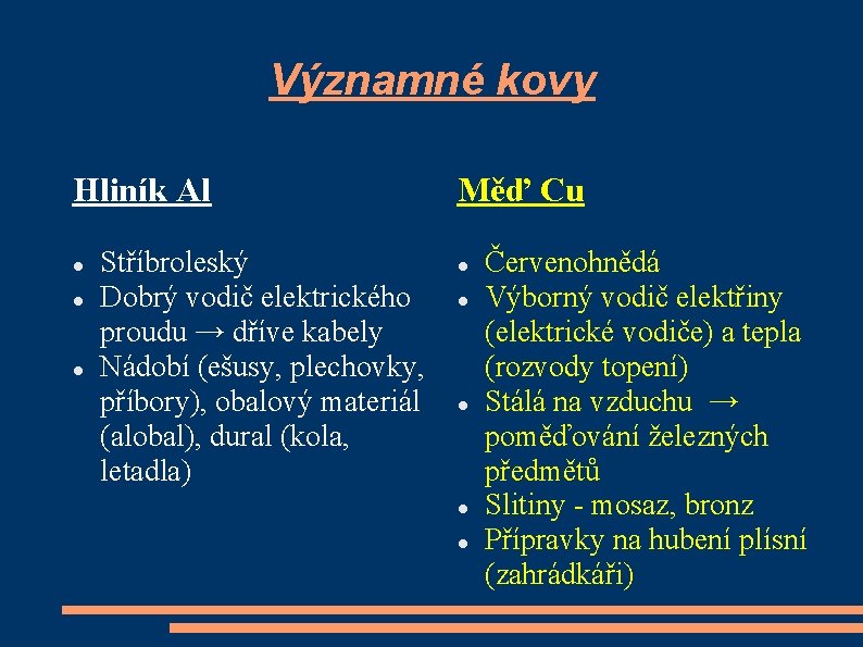 Významné kovy Hliník Al Stříbroleský Dobrý vodič elektrického proudu → dříve kabely Nádobí (ešusy,