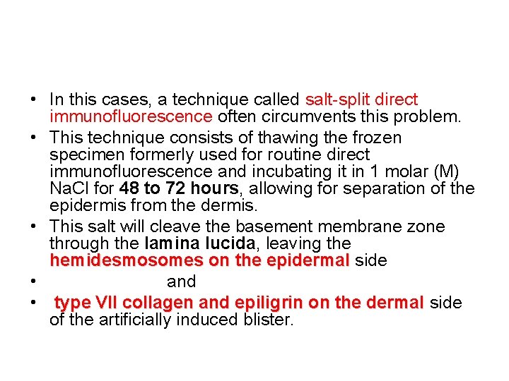  • In this cases, a technique called salt-split direct immunofluorescence often circumvents this