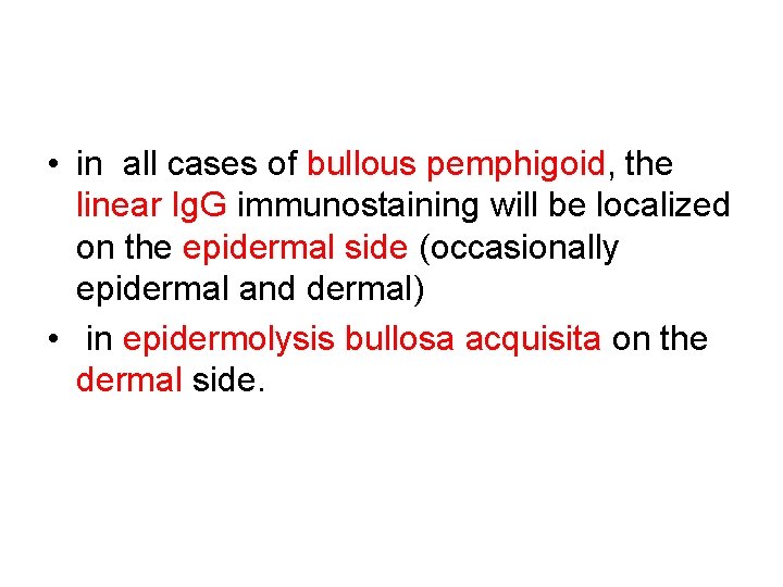  • in all cases of bullous pemphigoid, the linear Ig. G immunostaining will