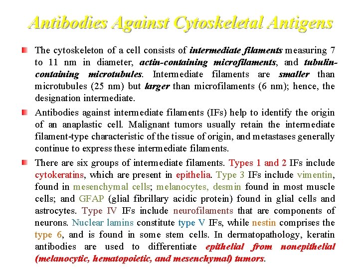 Antibodies Against Cytoskeletal Antigens The cytoskeleton of a cell consists of intermediate filaments measuring