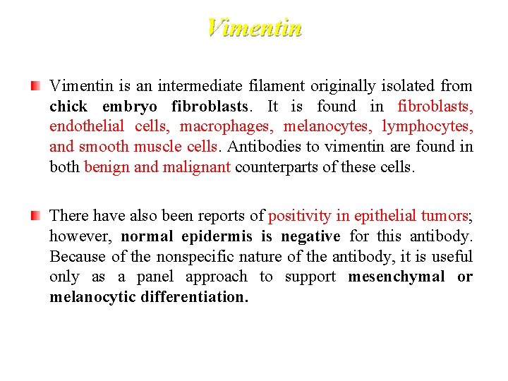 Vimentin is an intermediate filament originally isolated from chick embryo fibroblasts. It is found