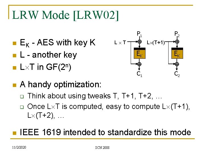 LRW Mode [LRW 02] P 1 n EK - AES with key K L