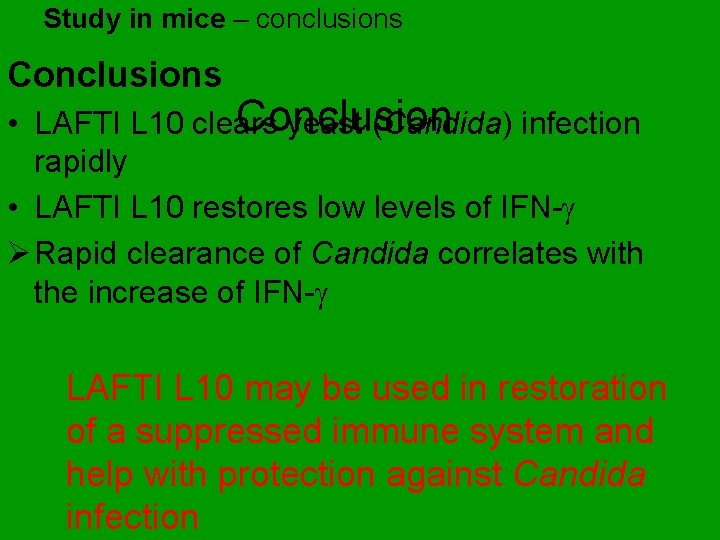 Study in mice – conclusions Conclusion • LAFTI L 10 clears yeast (Candida) infection