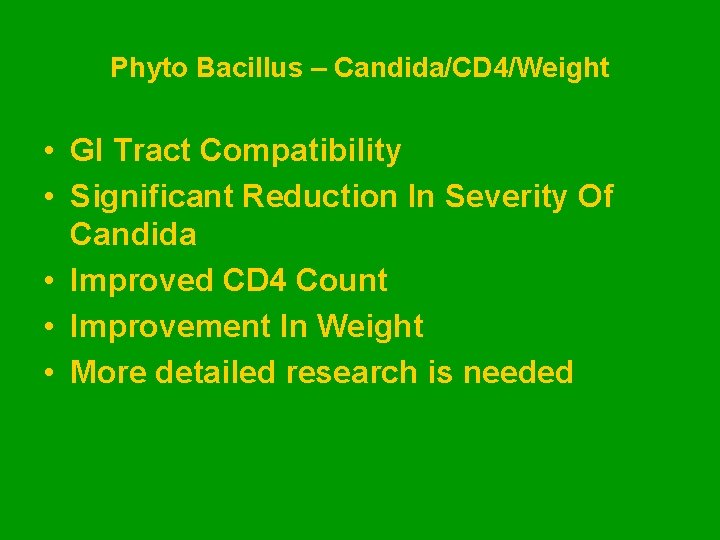 Phyto Bacillus – Candida/CD 4/Weight • GI Tract Compatibility • Significant Reduction In Severity