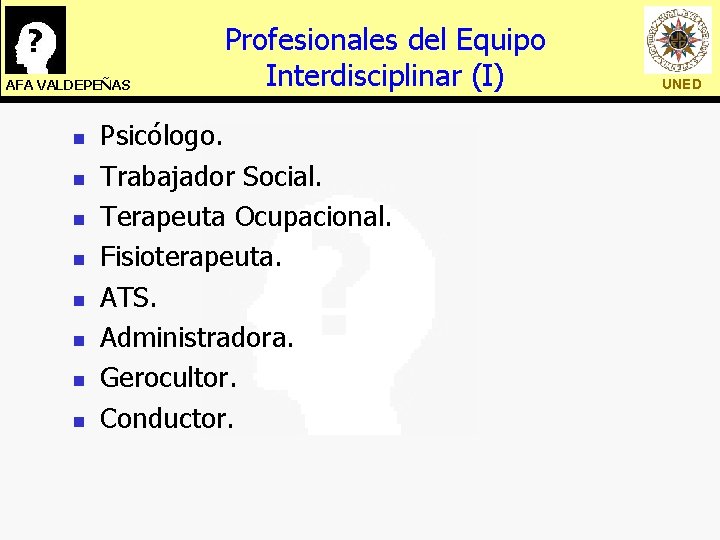 AFA VALDEPEÑAS n n n n Profesionales del Equipo Interdisciplinar (I) Psicólogo. Trabajador Social.